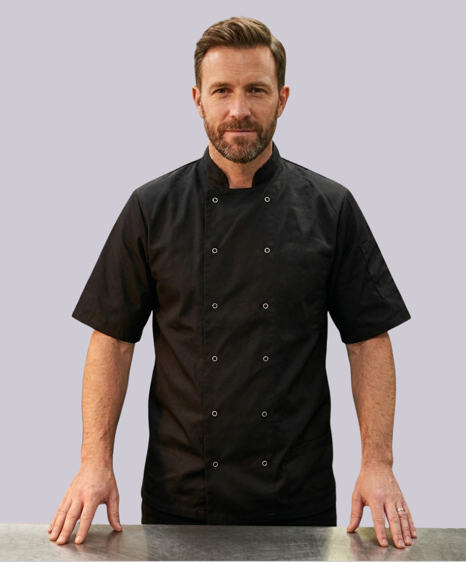 CHEF JACKET SHORT SLEEVE BUTTON FASTEN (BLACK)