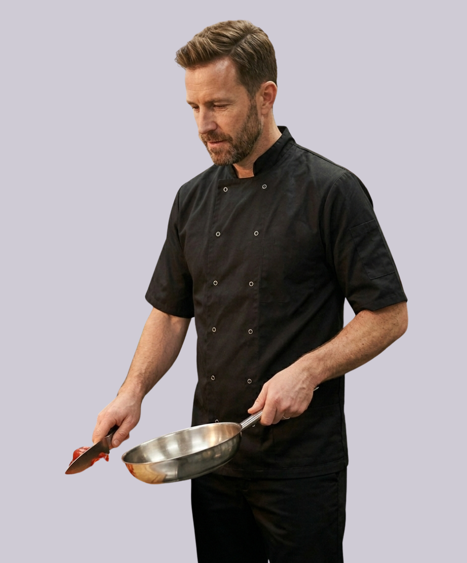 CHEF JACKET SHORT SLEEVE BUTTON FASTEN (BLACK)