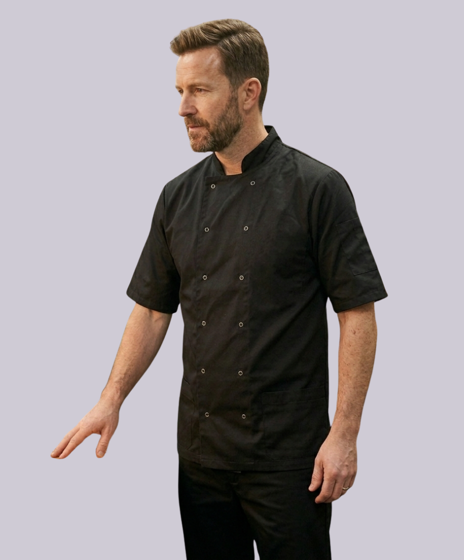 CHEF JACKET SHORT SLEEVE BUTTON FASTEN (BLACK)