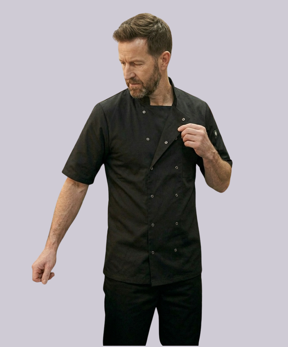 CHEF JACKET SHORT SLEEVE BUTTON FASTEN (BLACK)