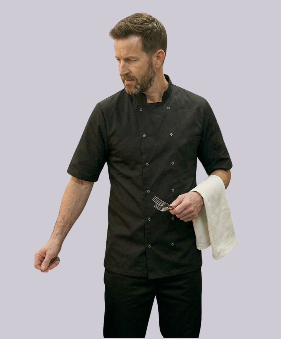 CHEF JACKET SHORT SLEEVE BUTTON FASTEN (BLACK)
