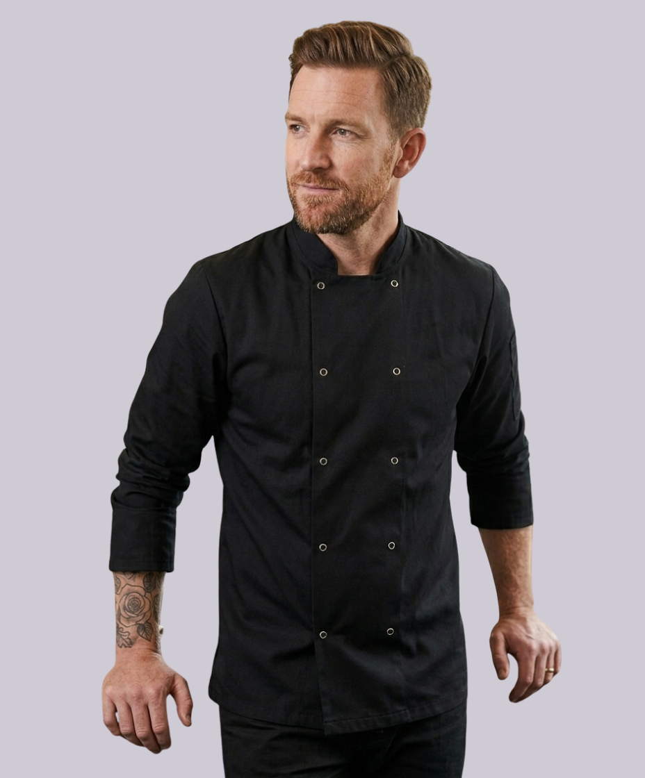 CHEF JACKET LONG SLEEVE BUTTON FASTEN (BLACK)