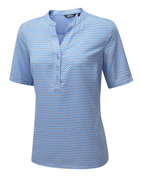BETH CREPE POP-OVER TOP WITH A SHIELD PRINT DESIGN