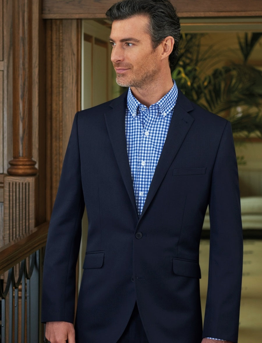 Man Wearing A Navy Blue Tailored Fit Single Breasted Business Jacket