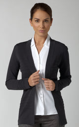 Woman In Charcoal Grey Cardigan With Horizontal Rib Design