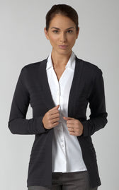 Woman In Charcoal Grey Cardigan With Horizontal Rib Design