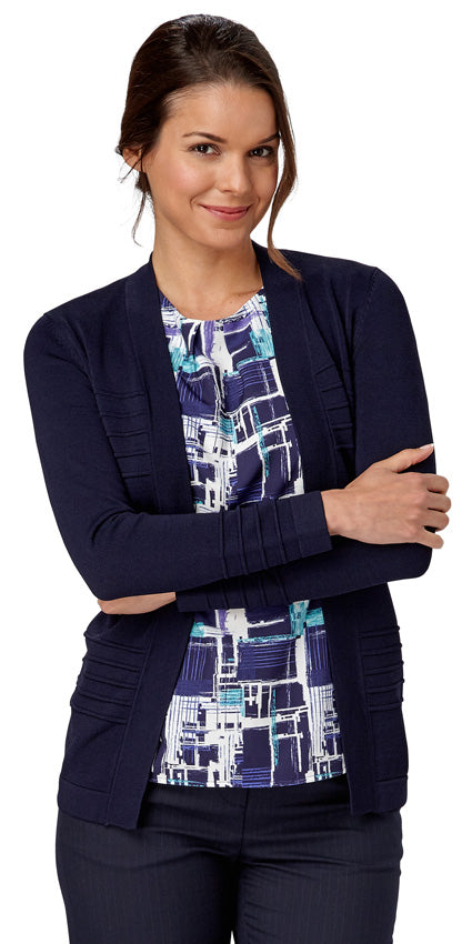 Woman In Navy Blue Cardigan With Horizontal Rib Design