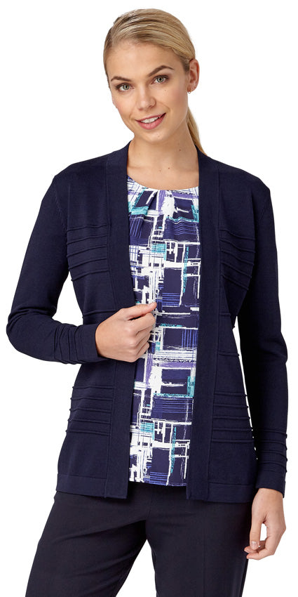 Woman Wearing Navy Blue Cardigan With Horizontal Rib Design