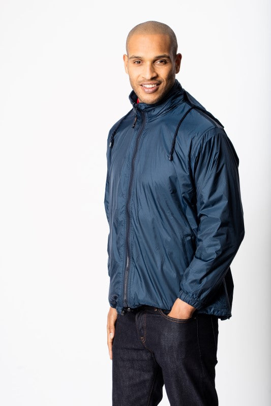 Man Wearing A Navy Blue Reversible Fleece Jacket