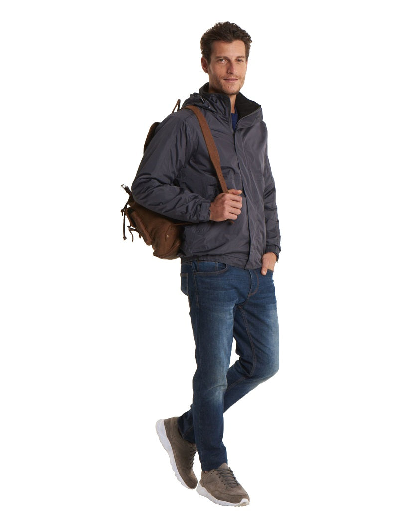 Man Wearing A  Navy Blue Fleece Lined Waterproof Jacket